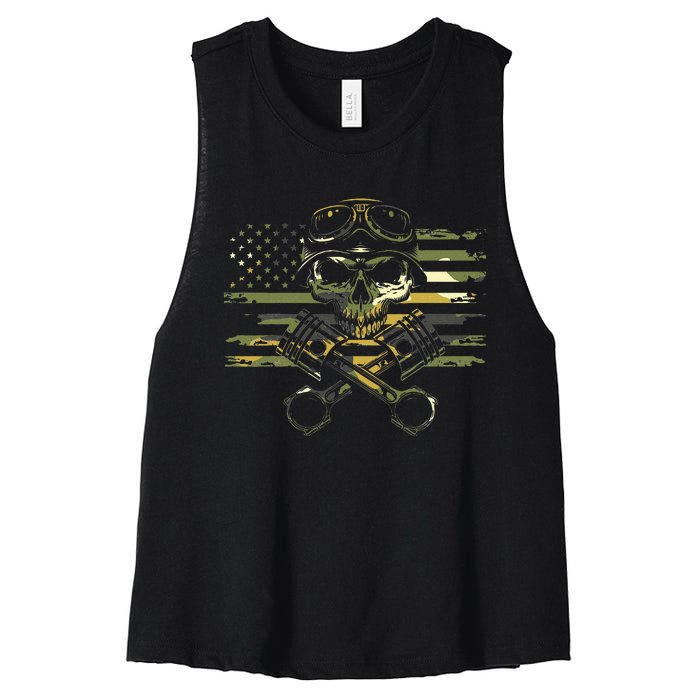 American Flag Biker Motorcycle Women's Racerback Cropped Tank