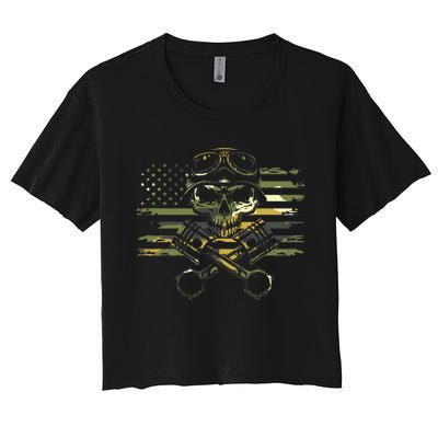 American Flag Biker Motorcycle Women's Crop Top Tee