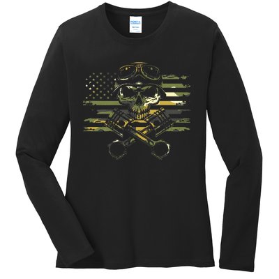 American Flag Biker Motorcycle Ladies Long Sleeve Shirt