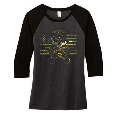 American Flag Biker Motorcycle Women's Tri-Blend 3/4-Sleeve Raglan Shirt