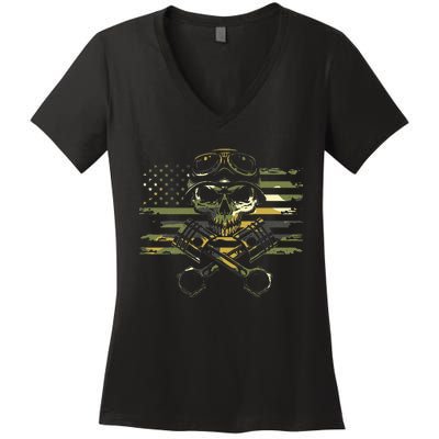 American Flag Biker Motorcycle Women's V-Neck T-Shirt