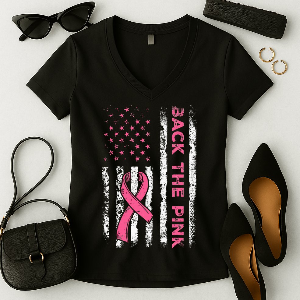 American Flag Back The Breast Cancer Awareness Women's V-Neck T-Shirt