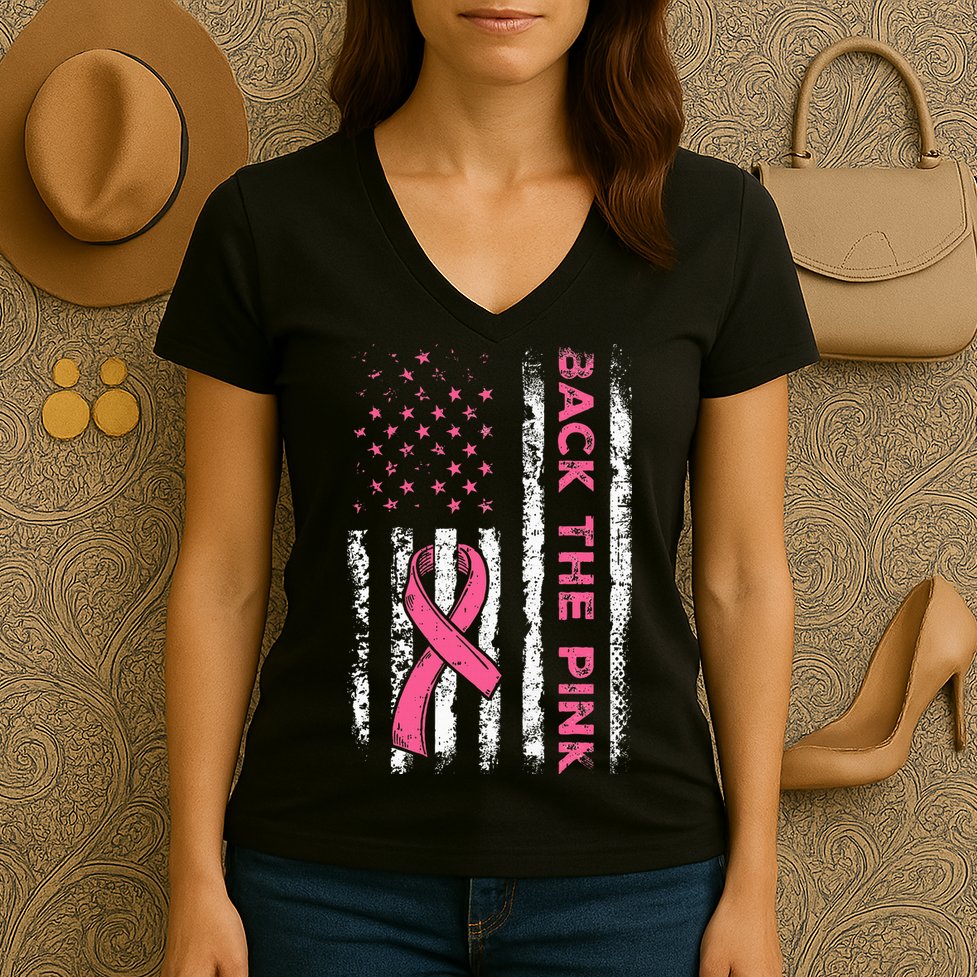 American Flag Back The Breast Cancer Awareness Women's V-Neck T-Shirt