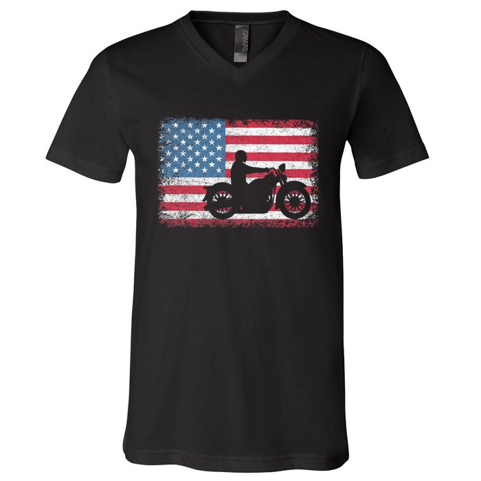 American Flag Biker Motorcycle Usa Flag 4th Of July V-Neck T-Shirt