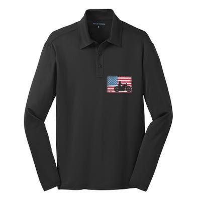 American Flag Biker Motorcycle Usa Flag 4th Of July Silk Touch Performance Long Sleeve Polo