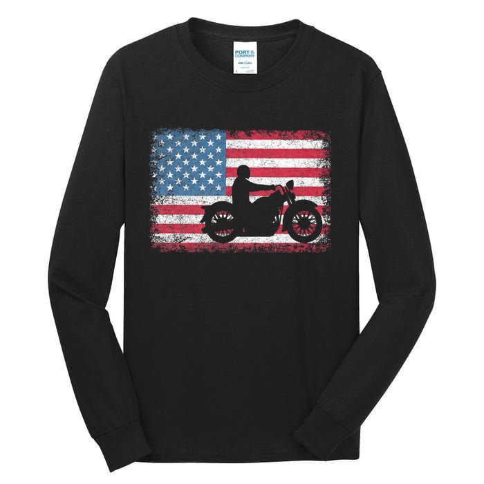 American Flag Biker Motorcycle Usa Flag 4th Of July Tall Long Sleeve T-Shirt