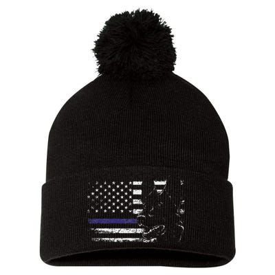 American Flag Blue Line Flag Patriotic K 9 Police Dog Pom Pom 12in Knit Beanie