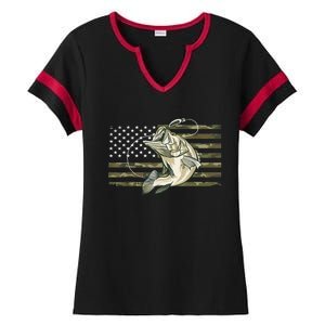 American Flag Bass Fish Fisherman Fishing Camouflage Us Camo Gift Ladies Halftime Notch Neck Tee