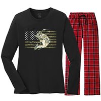 American Flag Bass Fish Fisherman Fishing Camouflage Us Camo Gift Women's Long Sleeve Flannel Pajama Set 