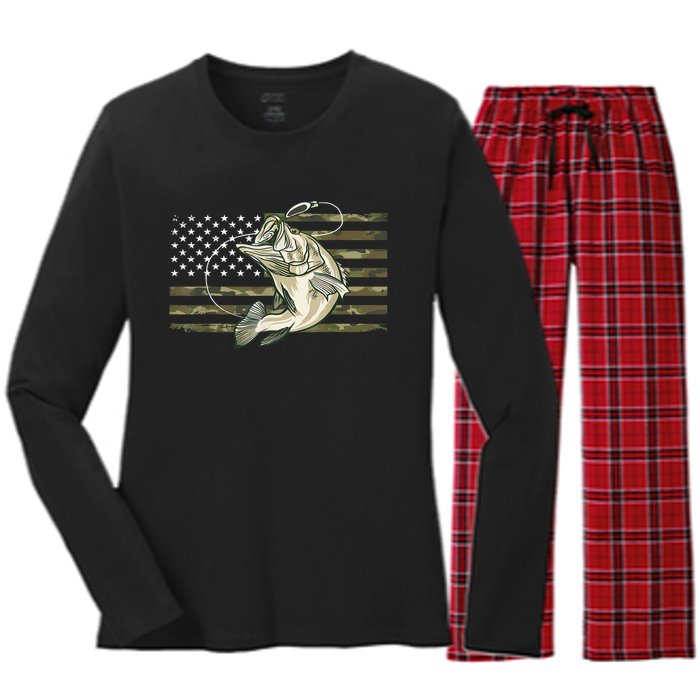 American Flag Bass Fish Fisherman Fishing Camouflage Us Camo Gift Women's Long Sleeve Flannel Pajama Set 