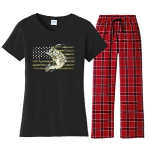 American Flag Bass Fish Fisherman Fishing Camouflage Us Camo Gift Women's Flannel Pajama Set