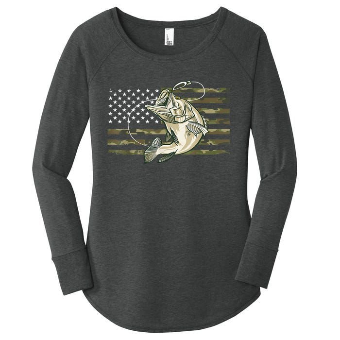 American Flag Bass Fish Fisherman Fishing Camouflage Us Camo Gift Women's Perfect Tri Tunic Long Sleeve Shirt