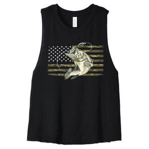 American Flag Bass Fish Fisherman Fishing Camouflage Us Camo Gift Women's Racerback Cropped Tank