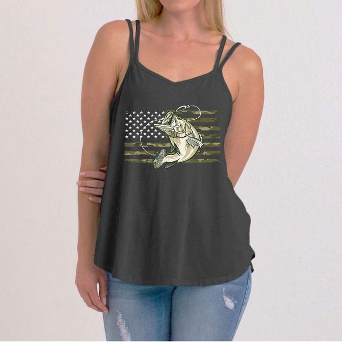 American Flag Bass Fish Fisherman Fishing Camouflage Us Camo Gift Women's Strappy Tank