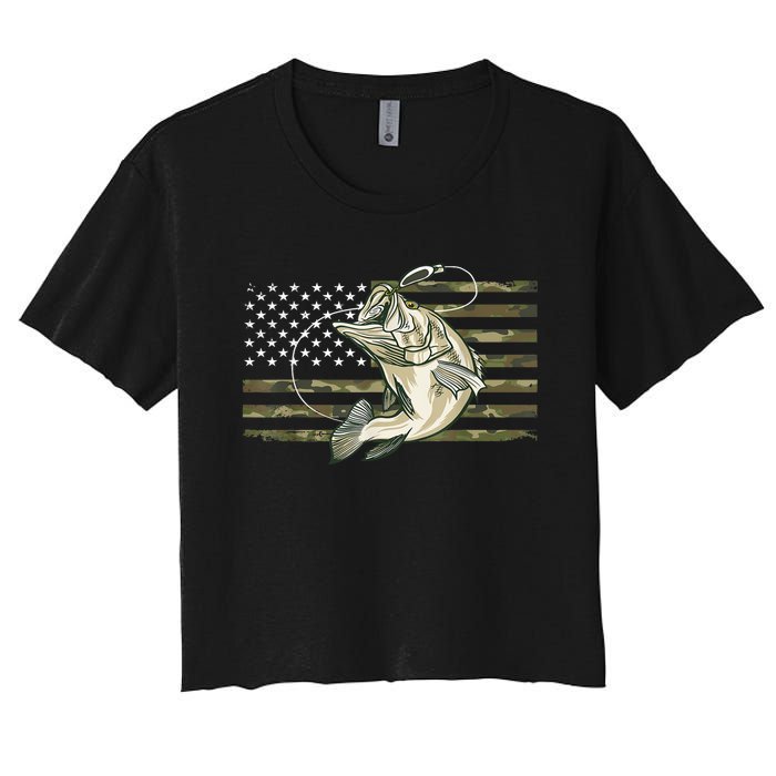 American Flag Bass Fish Fisherman Fishing Camouflage Us Camo Gift Women's Crop Top Tee