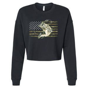 American Flag Bass Fish Fisherman Fishing Camouflage Us Camo Gift Cropped Pullover Crew