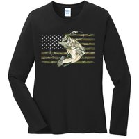 American Flag Bass Fish Fisherman Fishing Camouflage Us Camo Gift Ladies Long Sleeve Shirt