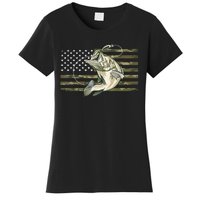 American Flag Bass Fish Fisherman Fishing Camouflage Us Camo Gift Women's T-Shirt