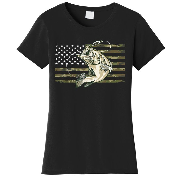 American Flag Bass Fish Fisherman Fishing Camouflage Us Camo Gift Women's T-Shirt