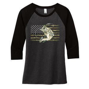 American Flag Bass Fish Fisherman Fishing Camouflage Us Camo Gift Women's Tri-Blend 3/4-Sleeve Raglan Shirt