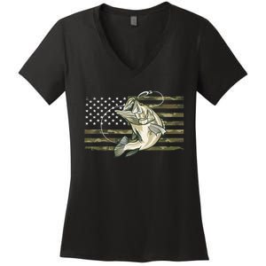 American Flag Bass Fish Fisherman Fishing Camouflage Us Camo Gift Women's V-Neck T-Shirt