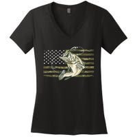 American Flag Bass Fish Fisherman Fishing Camouflage Us Camo Gift Women's V-Neck T-Shirt