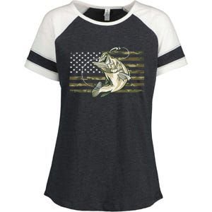 American Flag Bass Fish Fisherman Fishing Camouflage Us Camo Gift Enza Ladies Jersey Colorblock Tee