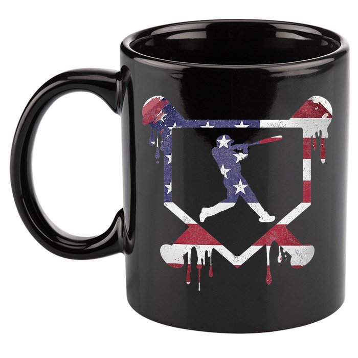 American Flag Baseball Dripping Ice Cream Home Plate 11oz C Handle Ceramic Mug
