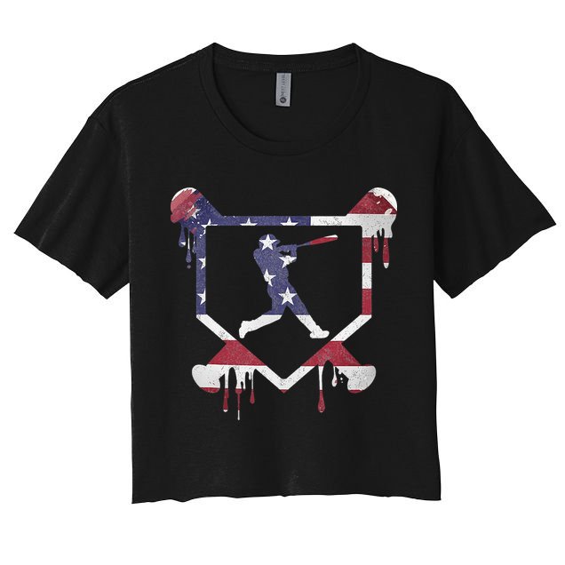 American Flag Baseball Dripping Ice Cream Home Plate Crop Top