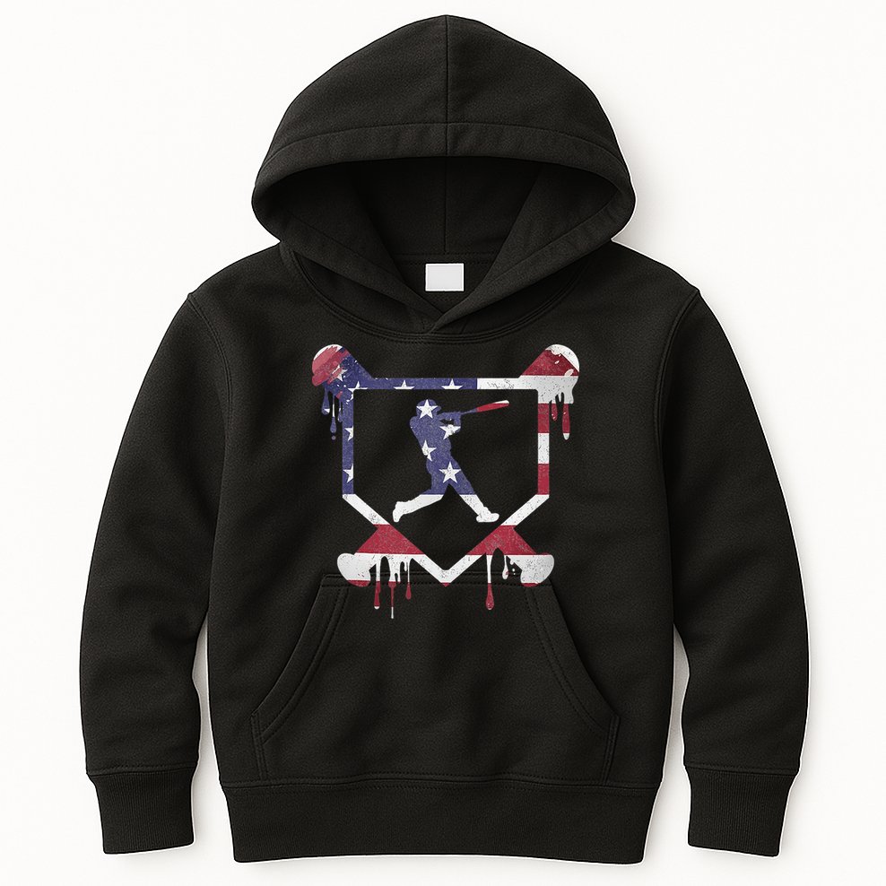 American Flag Baseball Dripping Ice Cream Home Plate Kids Hoodie