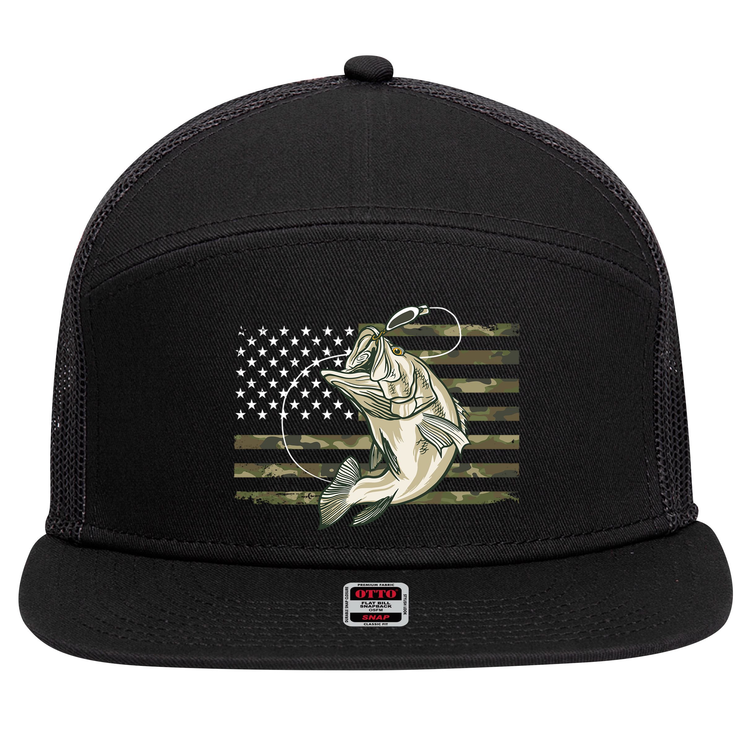 American Flag Bass Fish Fisherman 7 Panel Mesh Trucker Snapback Hat