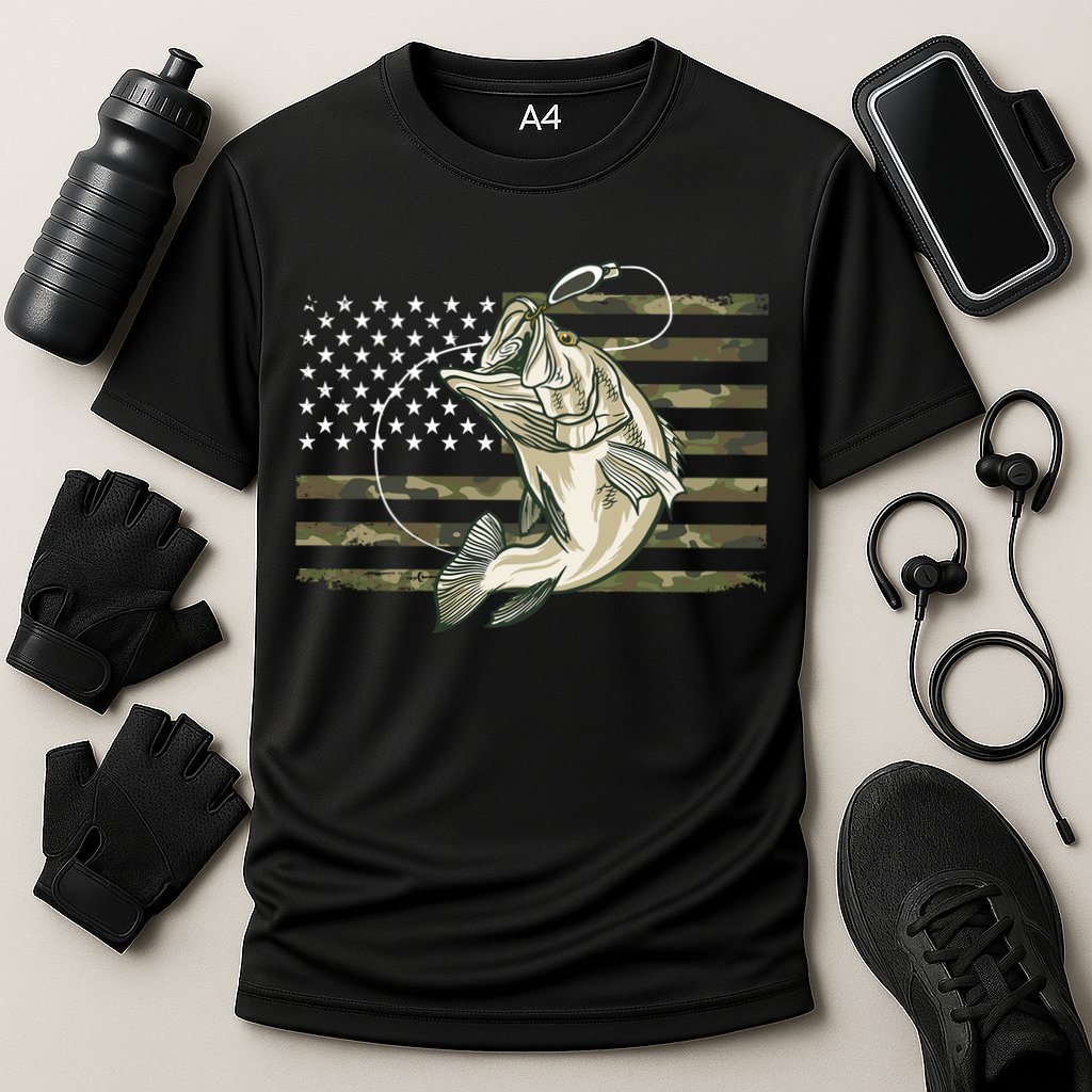 American Flag Bass Fish Fisherman Cooling Performance Crew T-Shirt
