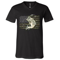 American Flag Bass Fish Fisherman V-Neck T-Shirt