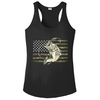 American Flag Bass Fish Fisherman Ladies PosiCharge Competitor Racerback Tank