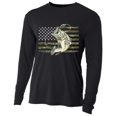 American Flag Bass Fish Fisherman Cooling Performance Long Sleeve Crew