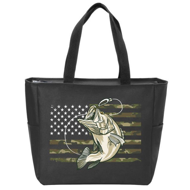 American Flag Bass Fish Fisherman Zip Tote Bag