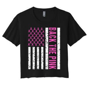 American Flag Back the Pink Breast Cancer Awareness Ribbon Women's Crop Top Tee