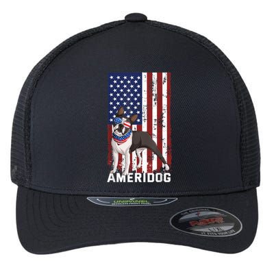 Ameridog Funny Boston Terrier With Sunglases American Flag Flexfit Unipanel Trucker Cap