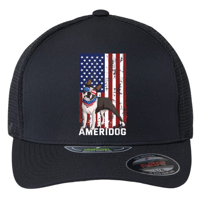 Ameridog Funny Boston Terrier With Sunglases American Flag Flexfit Unipanel Trucker Cap