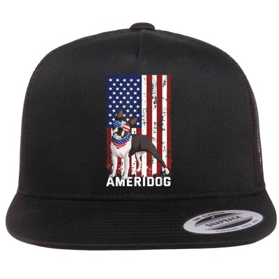 Ameridog Funny Boston Terrier With Sunglases American Flag Flat Bill Trucker Hat