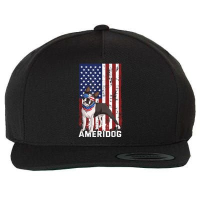 Ameridog Funny Boston Terrier With Sunglases American Flag Wool Snapback Cap