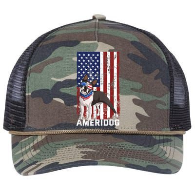 Ameridog Funny Boston Terrier With Sunglases American Flag Retro Rope Trucker Hat Cap