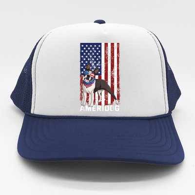 Ameridog Funny Boston Terrier With Sunglases American Flag Trucker Hat