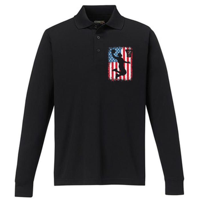 American Flag Basketball Funny Sports Player Performance Long Sleeve Polo