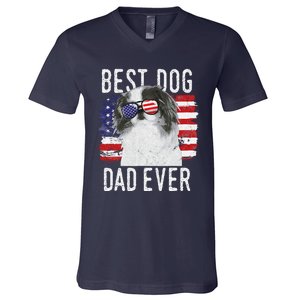 American Flag Best Dog Dad Ever Japanese Chin Usa V-Neck T-Shirt