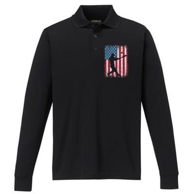 American Flag Baseball Team Funny Baseball Player Performance Long Sleeve Polo