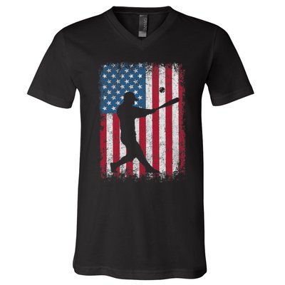 American Flag Baseball Team Funny Baseball Player V-Neck T-Shirt