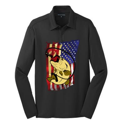 American Flag Bass Fishing Fisher Xmas Christmas Gift Meaningful Gift Silk Touch Performance Long Sleeve Polo