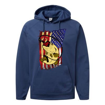 American Flag Bass Fishing Fisher Xmas Christmas Gift Meaningful Gift Performance Fleece Hoodie