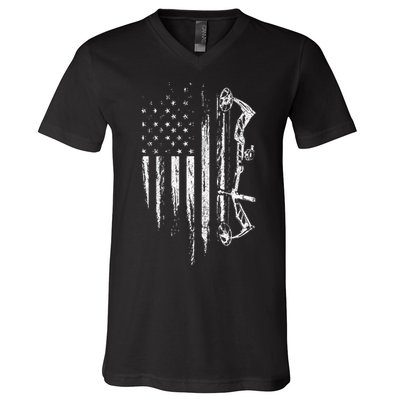 American Flag Bowhunting Bow Archery Gift For Deer Hunter V-Neck T-Shirt